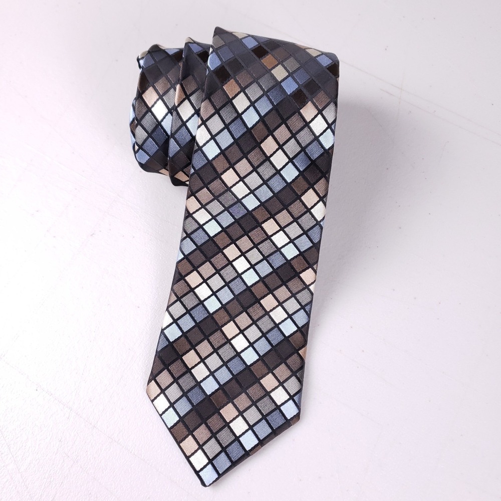 Haggar‎ Clothing Co Geometric Check Necktie Black Brown Blue Polyester Handmade